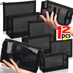 Viagem Black Mesh Cosmetic Bag para Mulheres, Zipper Makeup Bag, Organizador de Higiene Pessoal, Bolsa de armazenamento portátil, 1 Pc, 12Pcs