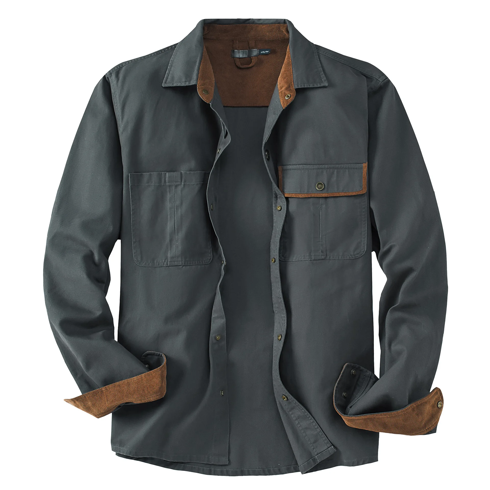 Men's Cotton Work Shirt With Chest Pocket Autumn Corduroy Collar Color Block Loose Fit Button Down Cargo Shirts Man Workwear