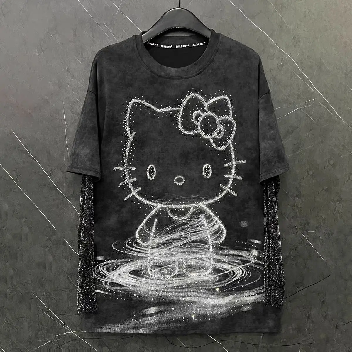 

Oversized Hello Kitty Rhinestone T-Shirt Women Y2K Gothic 2-In-1 Long Sleeve Fake Two Piece Washed Black Tee Harajuku Streetwear