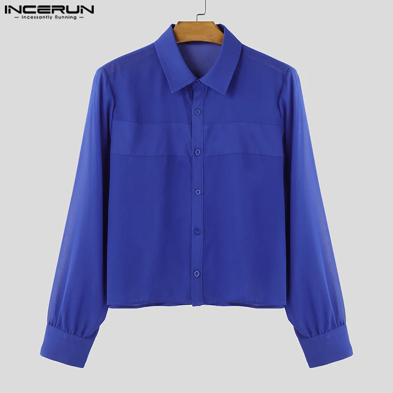 

INCERUN Men Shirt Chiffon Patchwork See Through Lapel Long Sleeve Men Clothing Loose Streetwear Sexy Fashion Male Shirts 2025