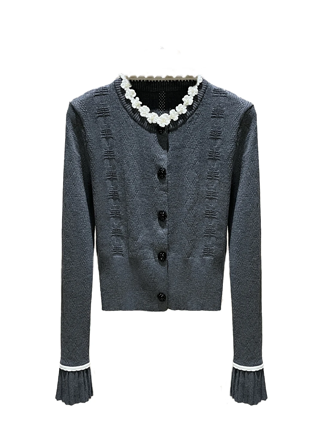 سترة محبوكة فريدة من نوعها طويلة Sve مستديرة Ne Slim Fit ey الماس نمط زر واحد للنساء تخفيف Sle خريف 2025