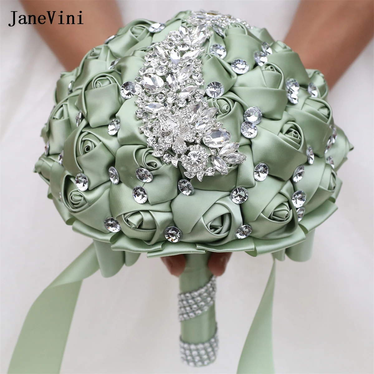 JaneVini ramos de novia de salvia personalizados, diamantes de imitación de plata de lujo, rosas artificiales de satén, ramo falso, decoración de flores de boda