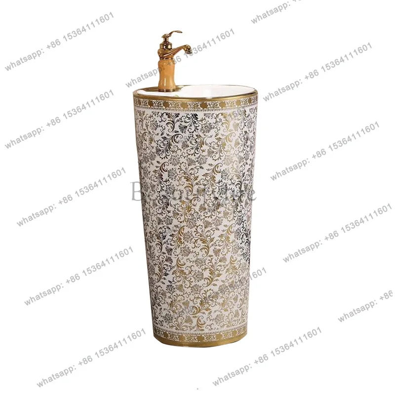 Electroplated gold integrated large column basin full gold pattern gold edge wash basin