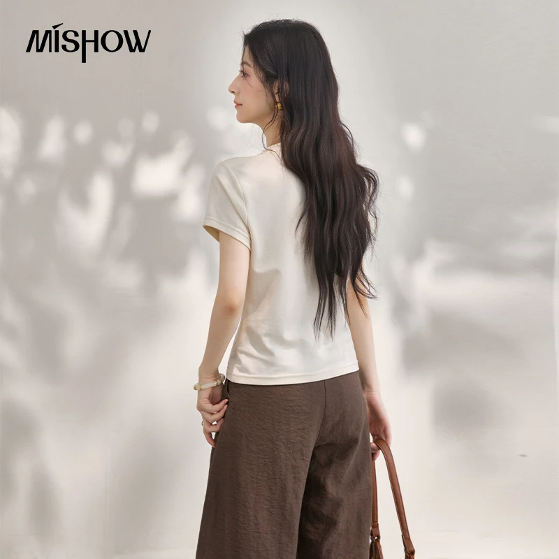 MISHOW Casual Fashion Cat Printed Beading T-Shirt For Women 2026 Summer Cute Design Round Neck Short Sleeve Top MXF24T1615