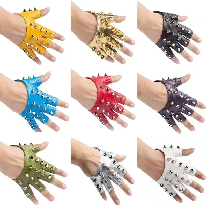 Fashion Men Punk Hiphop Rivet Half Finger Leather Gloves Women\'s Stage Performance Fingerless Touch Screen Motorcycle Mitten