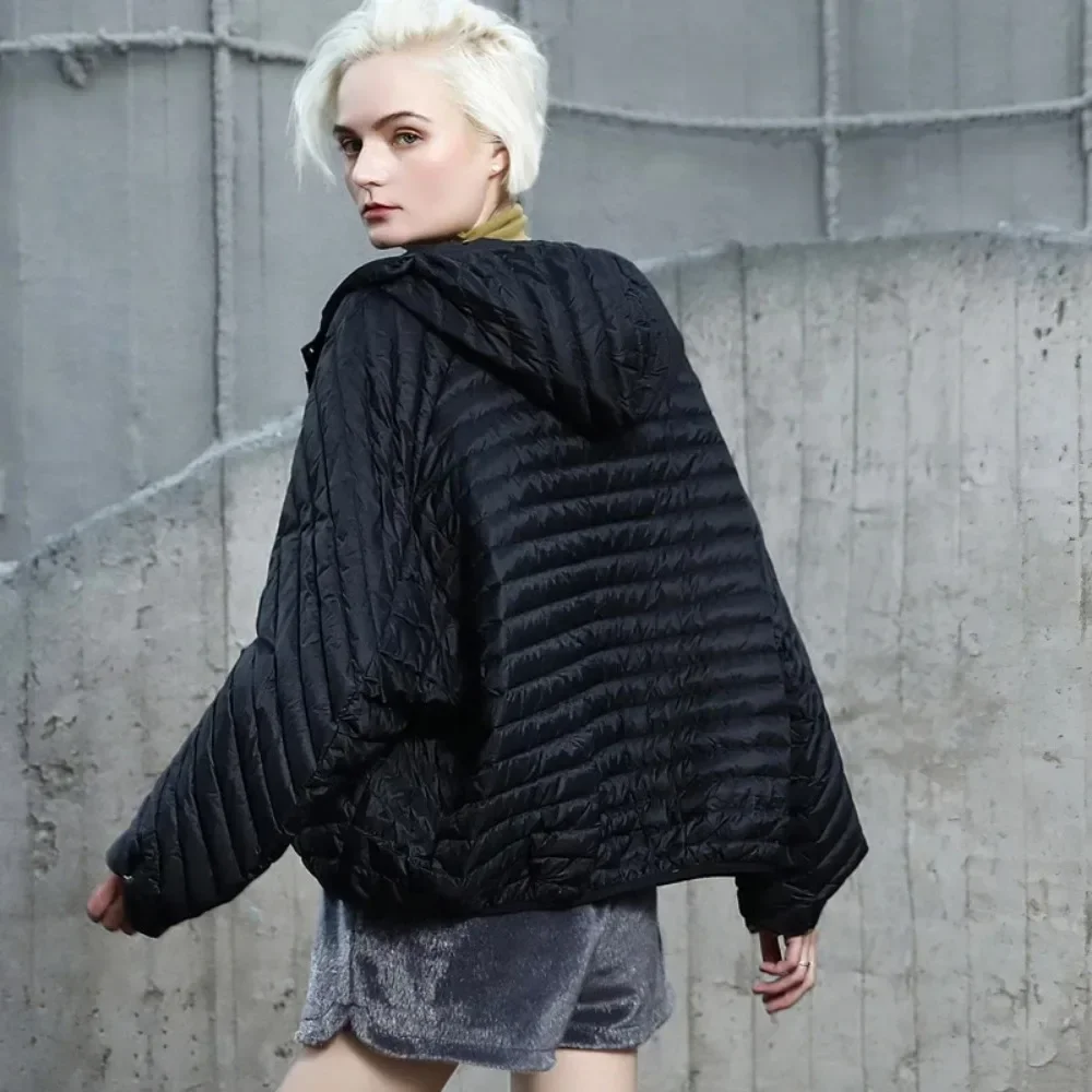 Mulheres novo inverno vintage oversize capuz puffer jaqueta ultra leve lanterna manga pato branco para baixo casaco penas feminino casual
