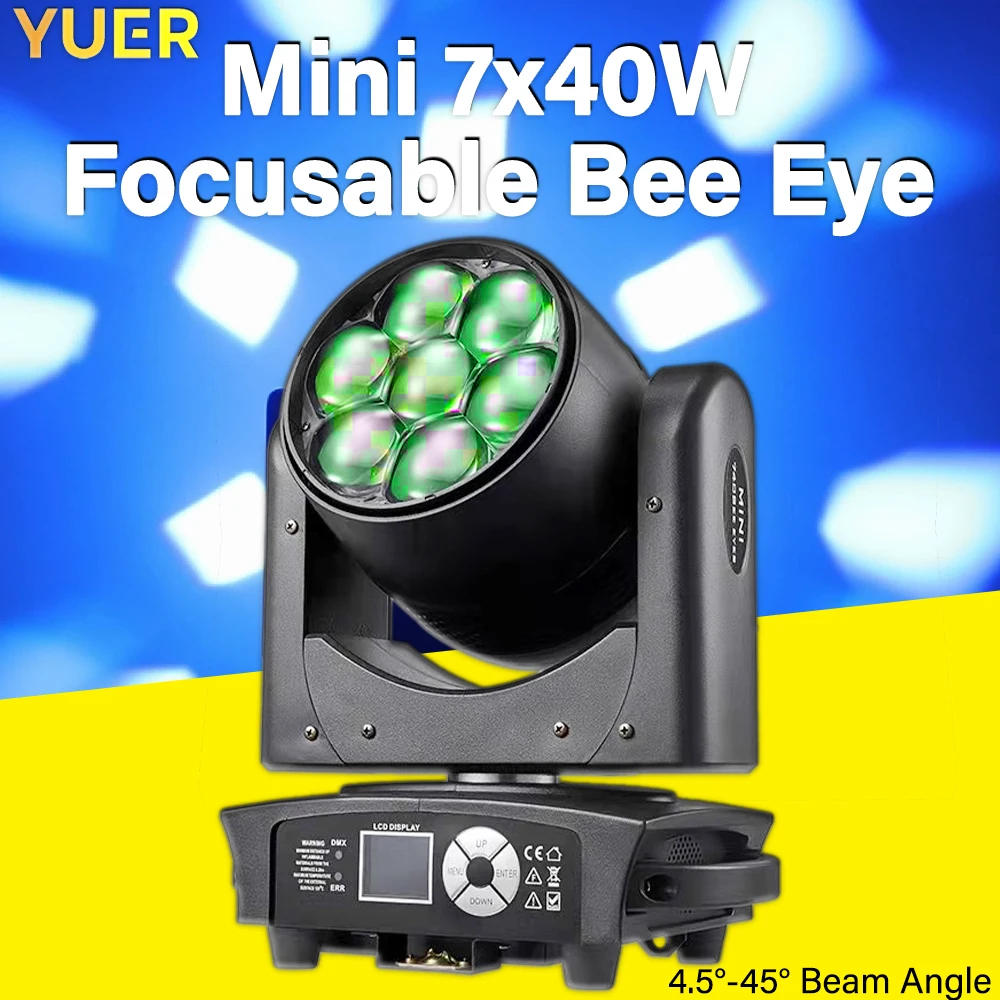 YUER NEW Mini 7x40W Focusable Bee Eye Light for Stage & Events Party Bar Disco - DMX512, 4.5°-45° Beam, 2800K-8500K Color Temp