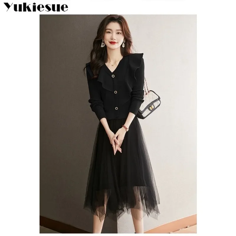 Frauen V-ausschnitt Spitze Taste Langarm Gestricktes Hemd Schlank Mesh Rock Solide 2023 Herbst Winter Zwei Stück Set Kleid Design sinn