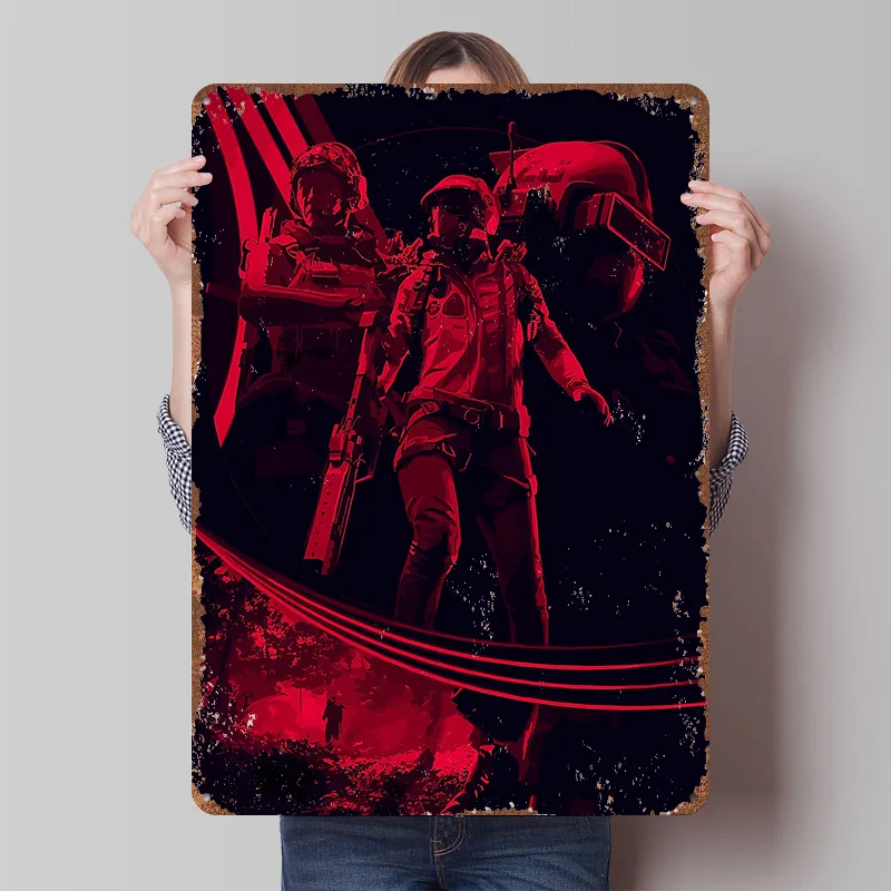 Futuristic Soldiers in Red Tin Poster Customized Wall Art Retro Vintage Metal Signs for Fans Room Bedroom Decoration Gaming Home
