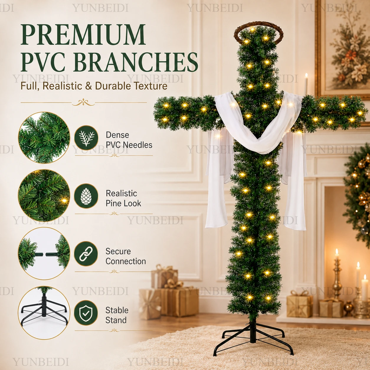 Kreuz-Weihnachtsbaum aus PVC-Material, abnehmbarer künstlicher Weihnachtsbaum, christliche religiöse Familien-Weihnachtsdekoration für Ostern. – Detail 2