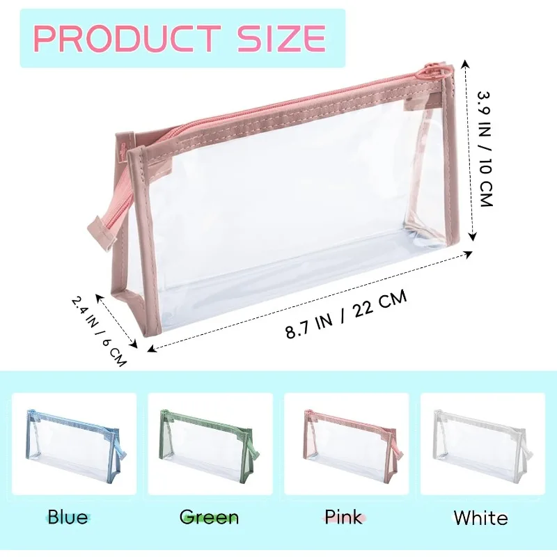 4Pcs Travel Cosmetic Makeup Bags, Clear Pencil Cases, Transparent Pencil Pouch with Zipper, Multi-function Stationery Organizer for Adults Home, Office, Vacation (Blue, Green, White, Pink)
