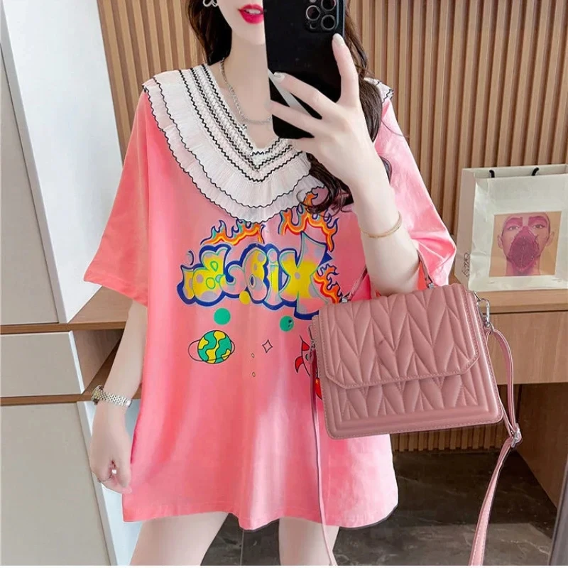 

DAYIFUN-Women's V-neck Chiffon T-shirts Short Sleeve Loose Spliced Mid Length Tshirts Lazy Style Tops Summer Tees New 2024