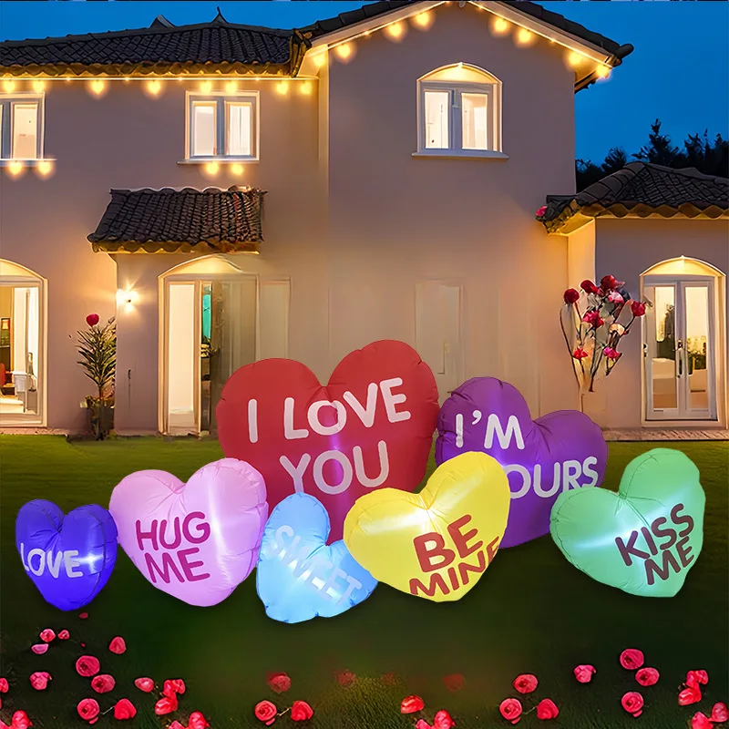 Valentine's Day Inflatable Seven Love Hearts Romantic Sweet Valentines Gift for Couples LED Light Blow Up Wedding Outdoor Toys