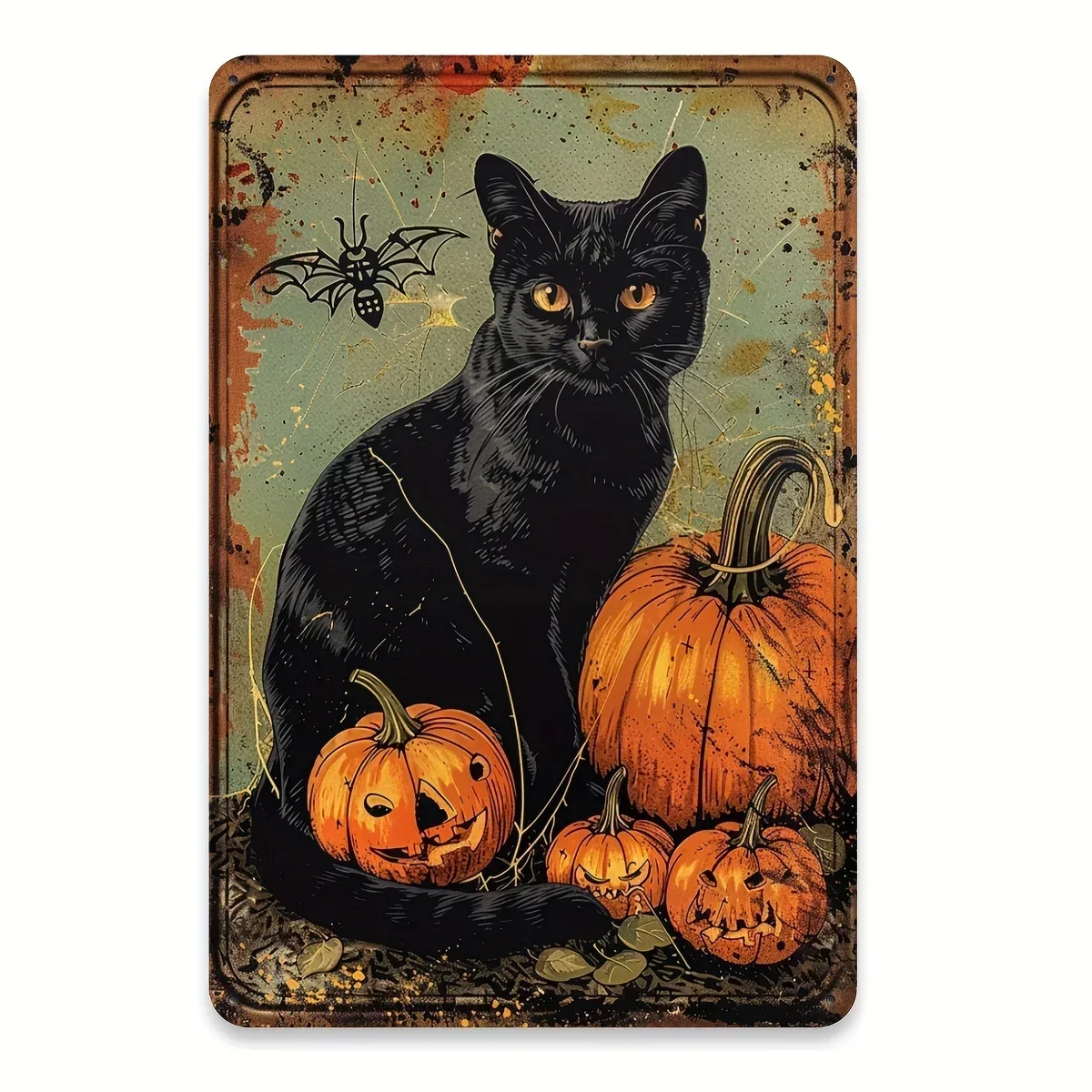 Letrero Metálico Vintage de Halloween - Gato Negro y Calabazas, Decoración Rústica de Pared para Hogar, Cafetería, Bar, 20.32