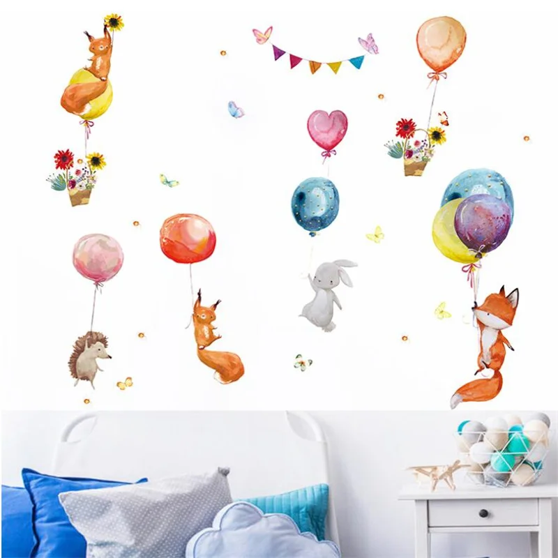 

Cartoon Colorful Balloons Animals Wall Stickers For Kids Room Baby Nursery Room Decoration Wall Decals PVC Fox Bunny Stickers