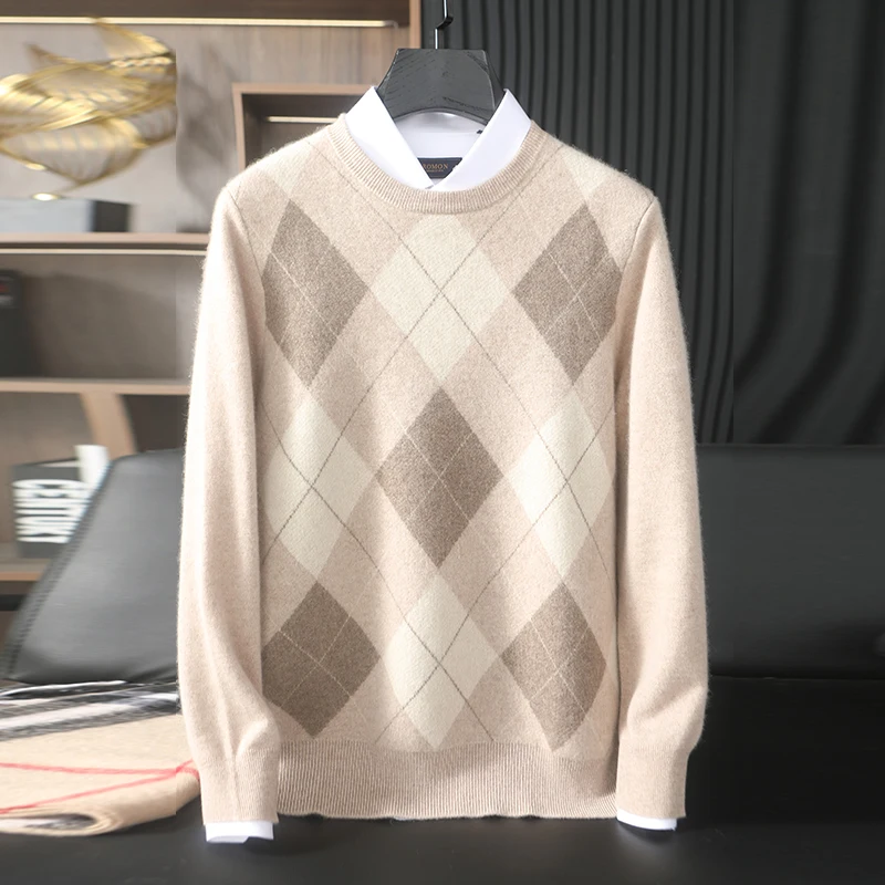 

Свитер из 100% чистого кашемира класса A, мужской пуловер с круглым вырезом, осень-зима, толстый вязаный свитер с цветными блоками, мужская одежда