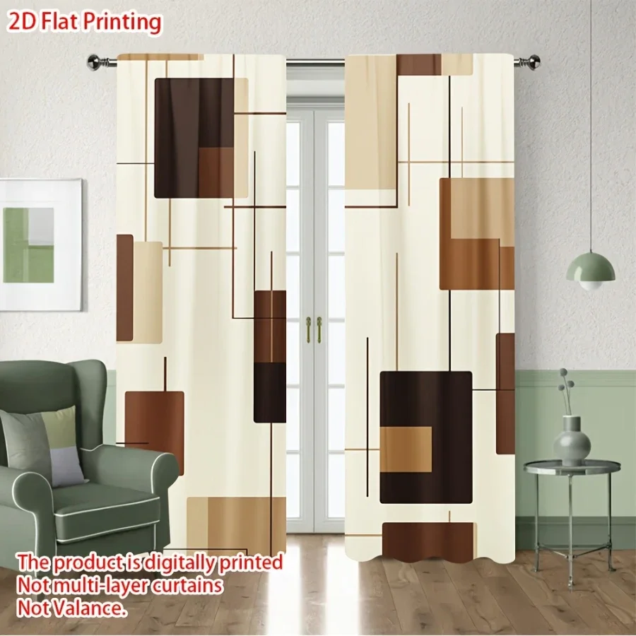 2PCS Digital Printed Curtains, Warm Brown Geometric Pattern, Mid Century Modern Style for Living Room Bedroom Home Decor