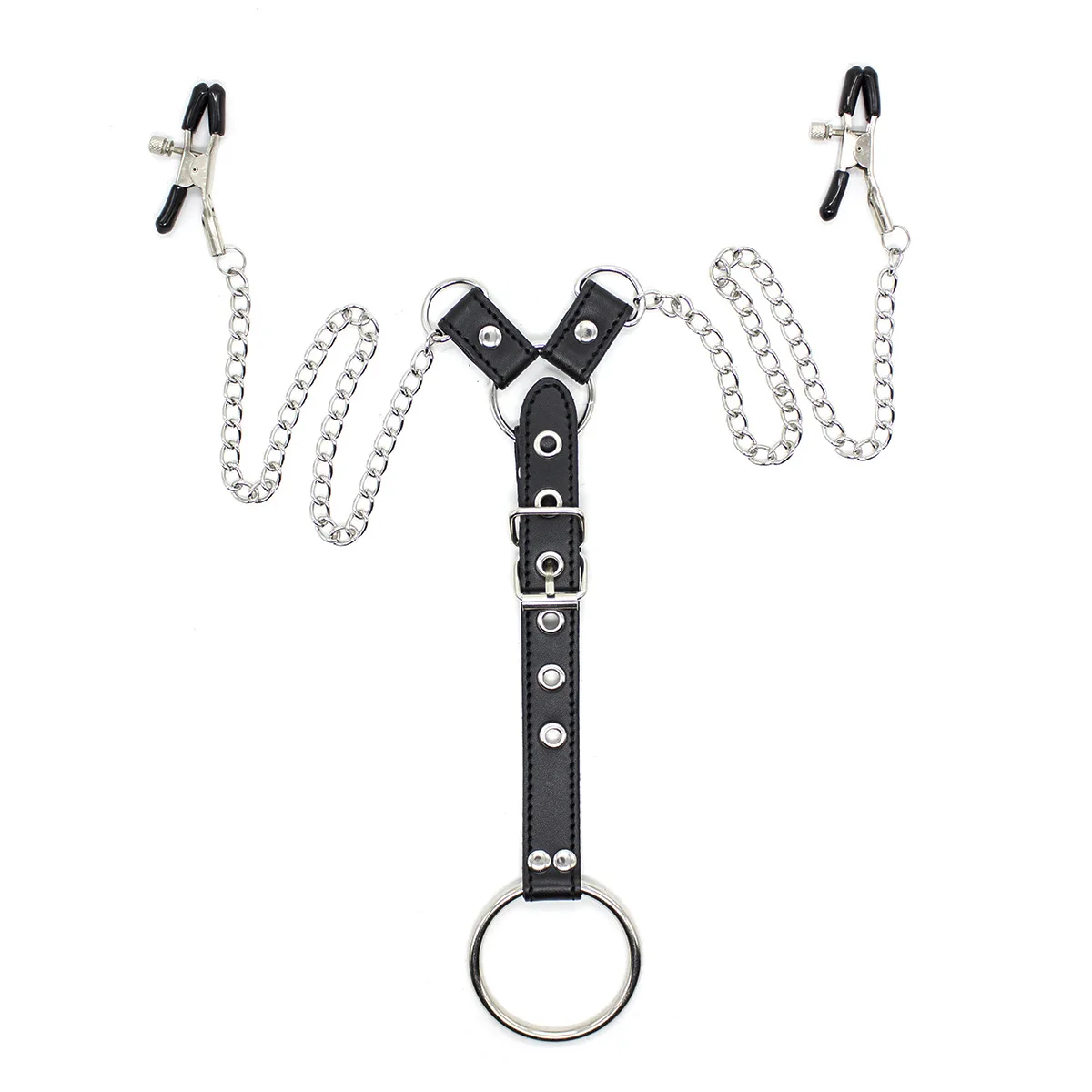 Sexy PU Leather Male Delayed Ejaculation Penis Cock Ring With Nipple Clamp Breast Clip Chain SM Bondage Couple SM Sex Toys