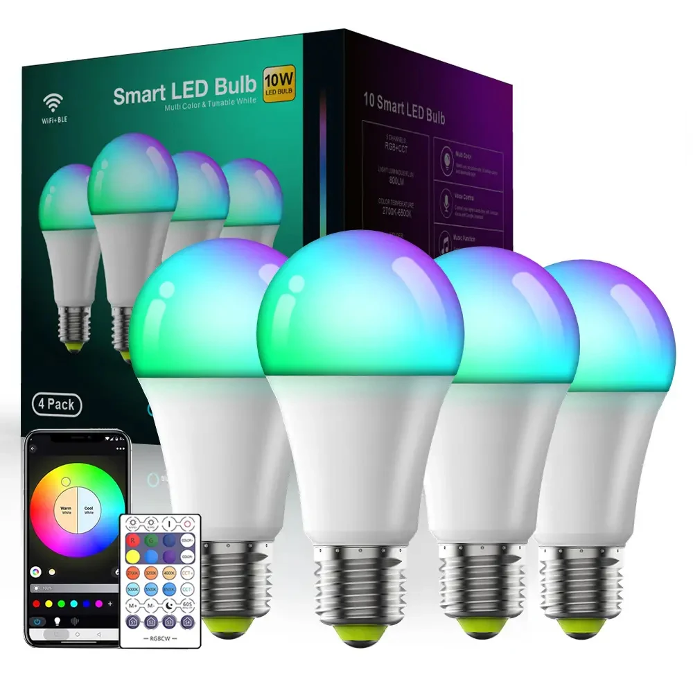 Smart LED Bulb A19 E26/E27 110v-220v Color Changing LED Bulb with Music Sync WiFi and BLE Dimmable RGBCCT Smart Lighting Bulb