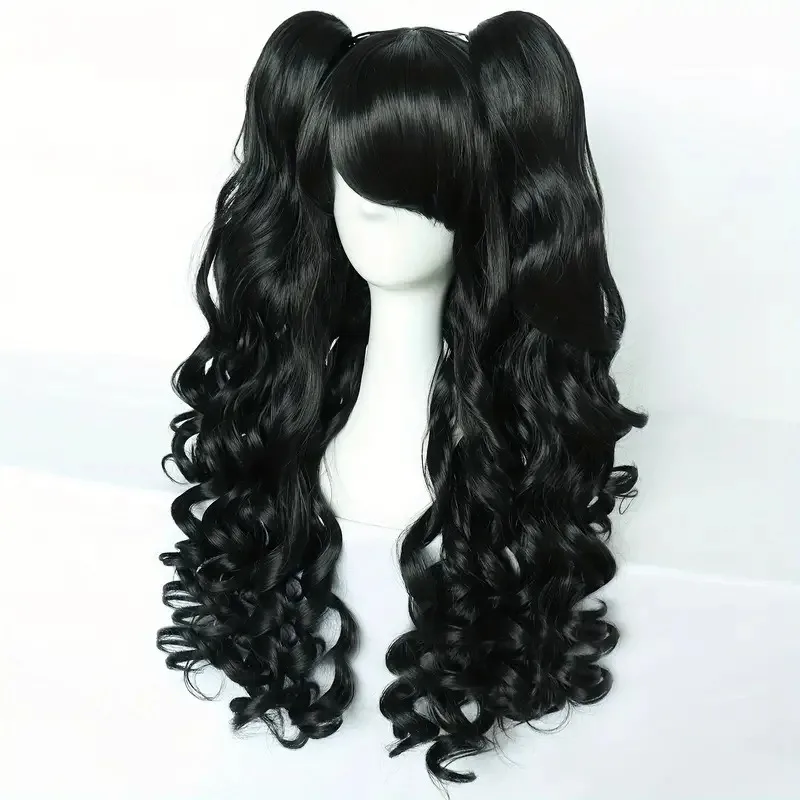Halloween Ball Dress Up Twintails Wig Party Clothing Accessories Headwear Black Big Wave Long Hair Woman Lolita Cos Headgear