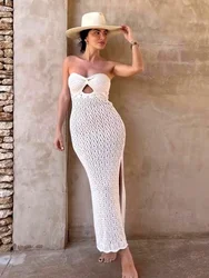 2024 Sexy Bandeau Hollow Out Crochet Knitted Dress Vestidos Female Party Concise Bodycons Halter Shirring Maxi Dress A3015