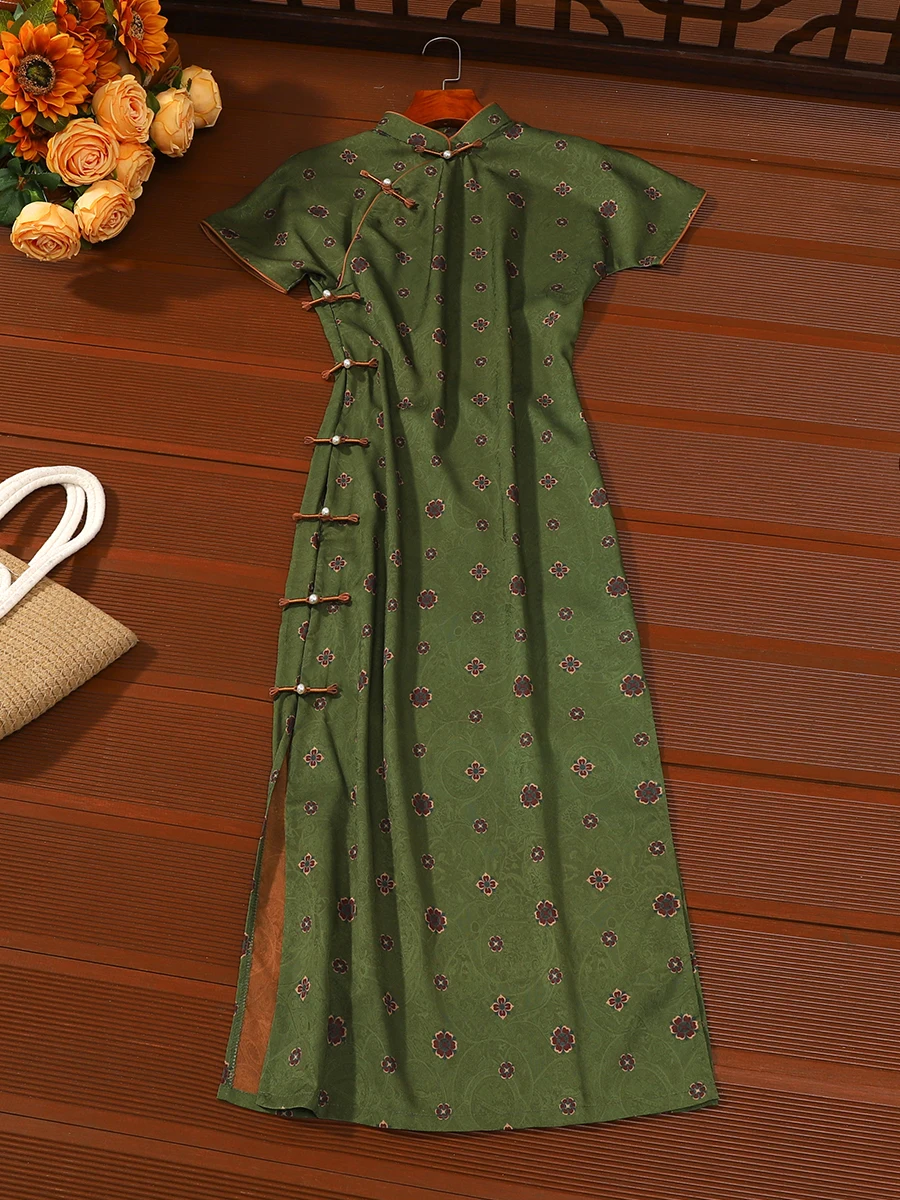 

Young Sle een Full Open Collar Low Ne Vintage Jiangnan Fu Breathable ort Sve Long Qipao Daily Wear