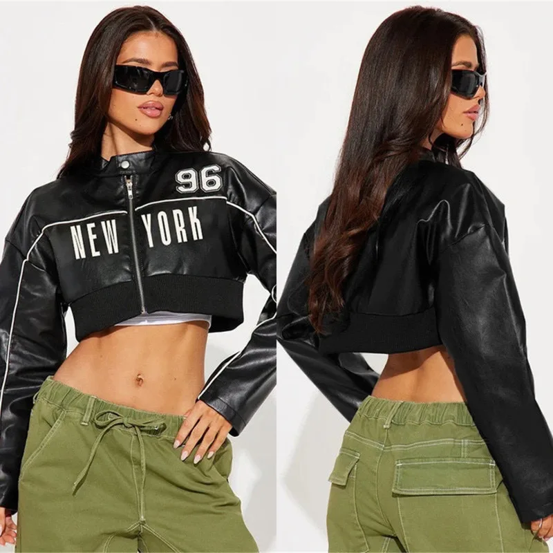 

Womens PU Leather Crop Jacket With Zip Front Contrast Piping Bold Letter Detail Cool Streetwear Outerwear For Spring Fashion Fit