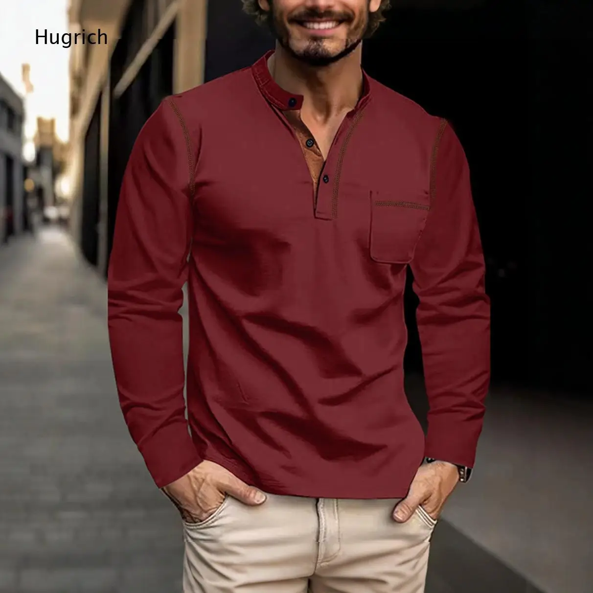 Men Navy Contrast Stitch Mandarin Collar Henley Shirt Chest Pocket Long Sleeve Casual Pullover Top