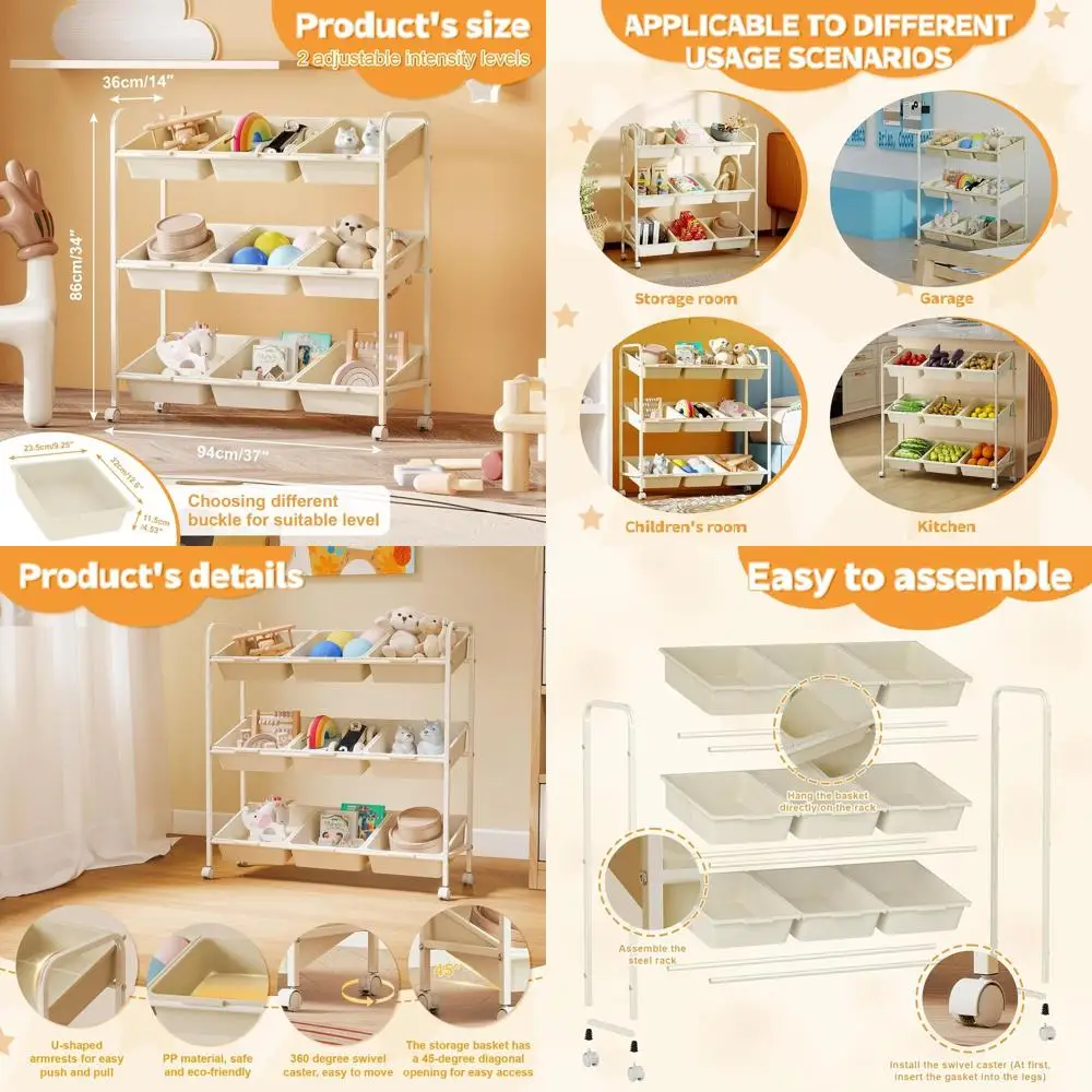 9-Bin Toddler Toy Organizer Shelf, Removable Baskets, Playroom Storage Furniture for Kids
