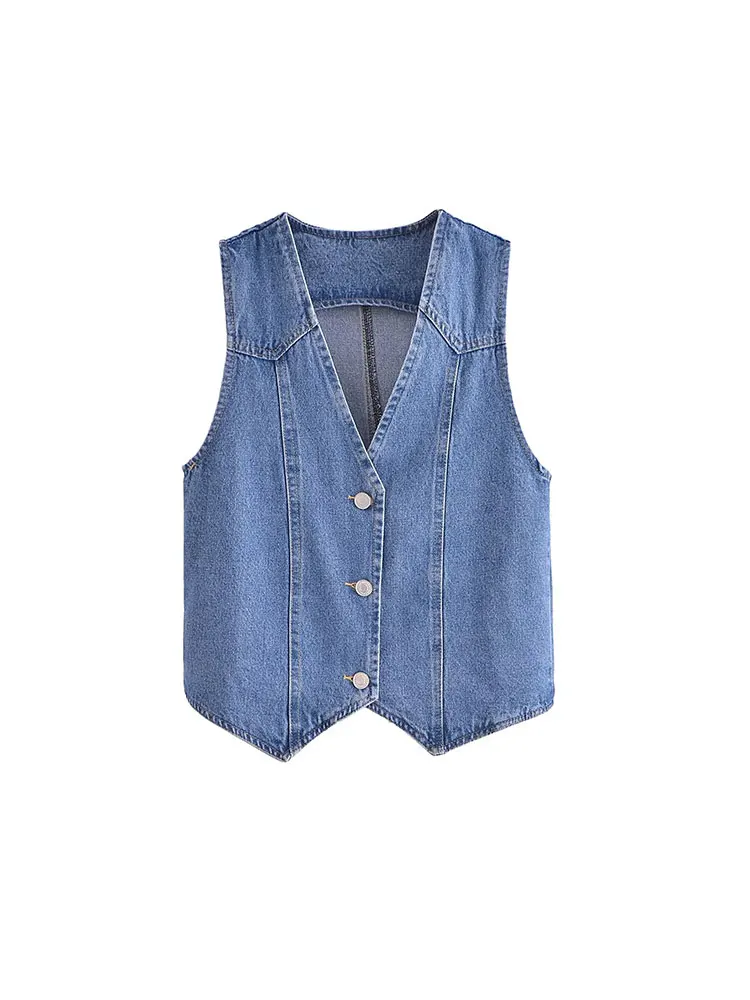 TRAF 2024 Summer Women Fashion Front Button Denim Waistcoat Vintage V Neck Sleeveless Female Outerwear Chic Tops