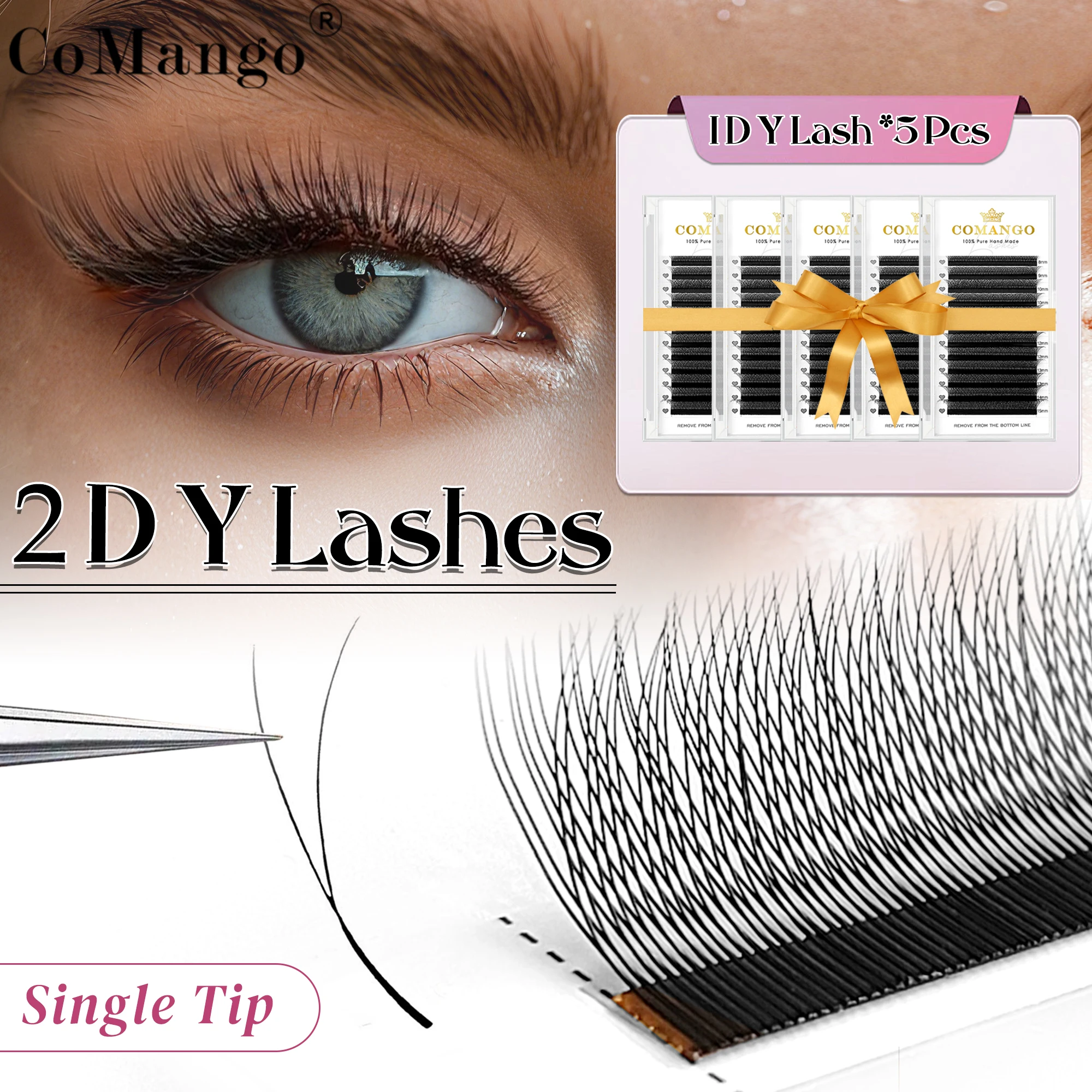 5pcs CoMango Single Tips 2D Russian Volume Eyelash Extension Lightweight Y Style C D Curl Natural Comfortable False Lashes