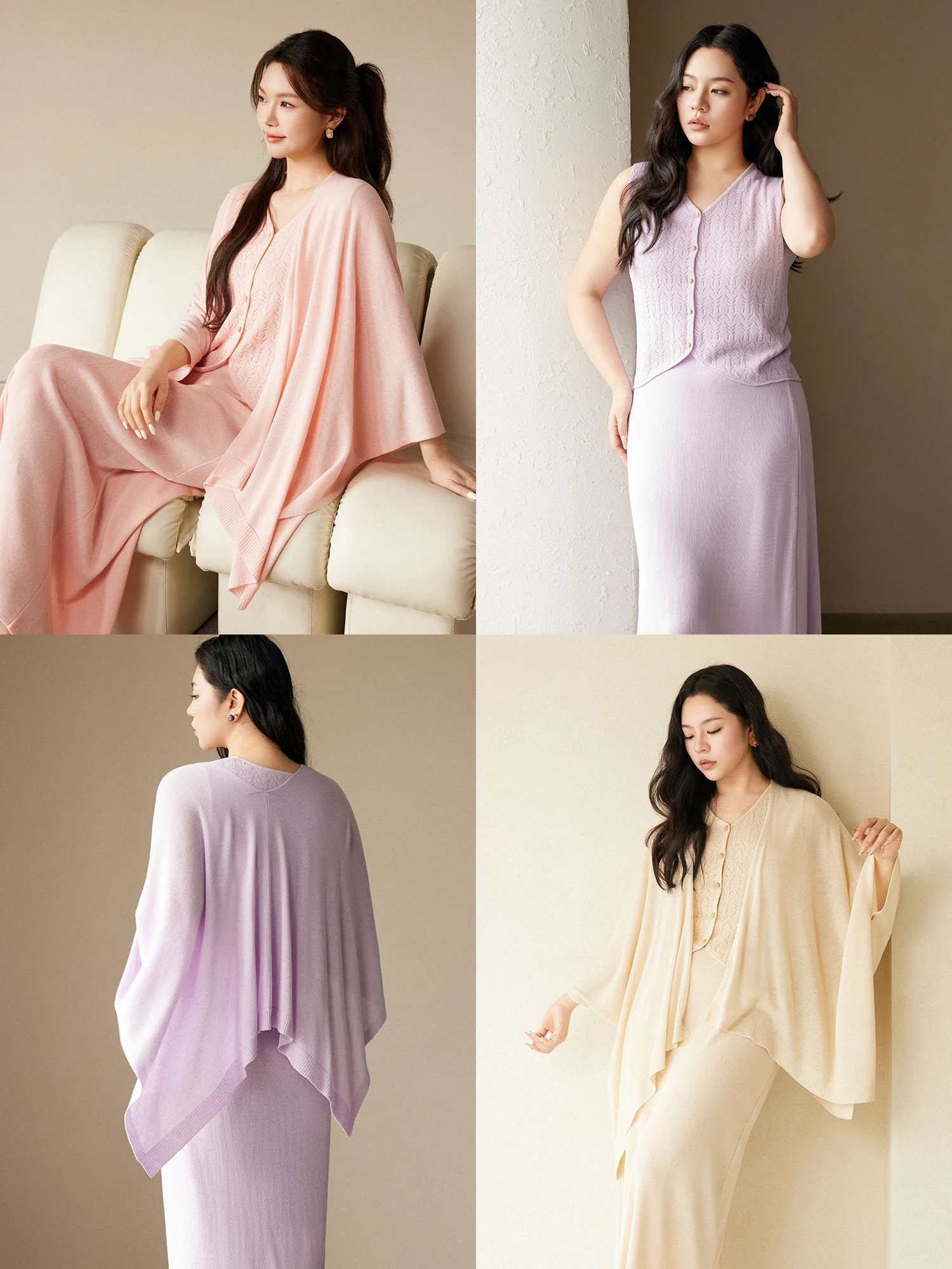 

Plusmall Knitted Linen-Like Set with Embroidered Vest Cloak And Shawl for Women Spring Season Regular Sleeve Length