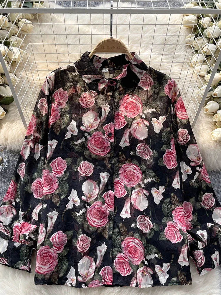 Women Spring Shirt Korean Version Temperament High-end Floral Shirt with Bubble Sleeve Design Niche and Unique Top D5053