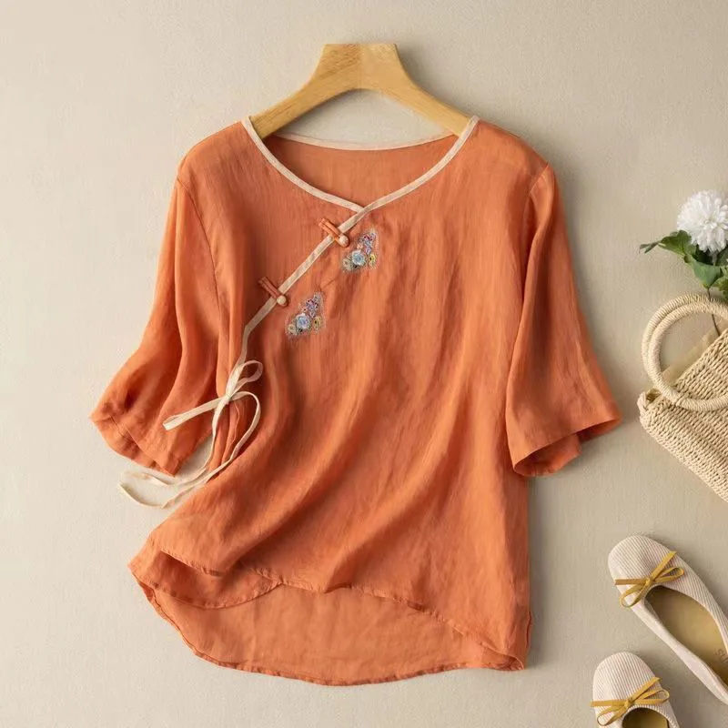 Slanted Lapel Women Summer Cotton and Linen Embroidery Literature Vintage Loose Large Size Pure Cotton Casual Affordable Tops