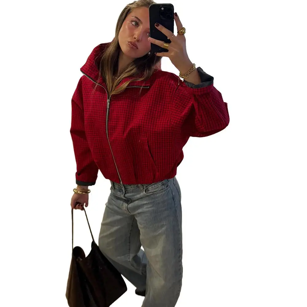 KONDALA High Street Casual Chic Rote Damen Bomberjacke Kariert Stehkragen Reißverschluss Lose Jacke Mode 2026 Herbst Winter Jacke