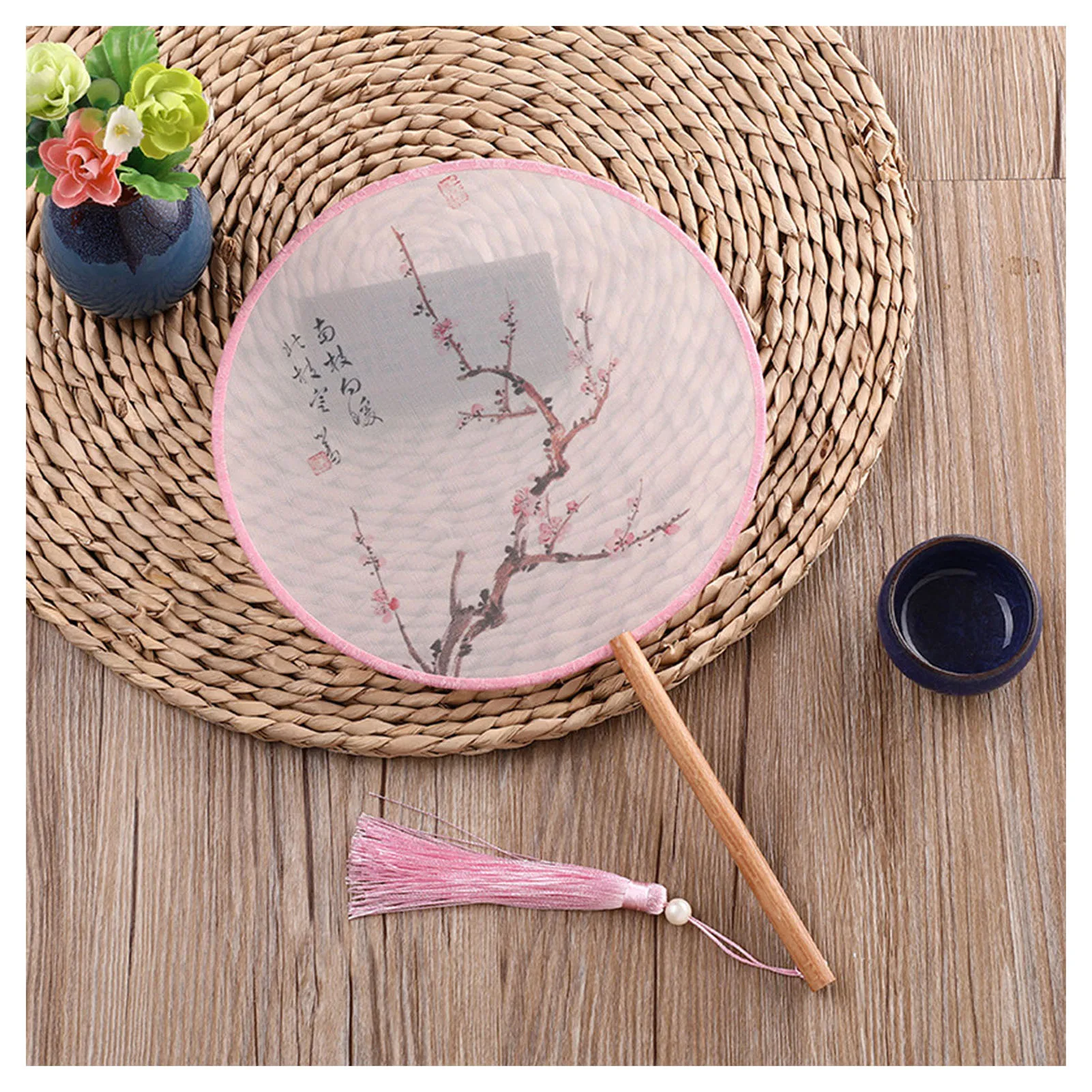 Classic Chinese Round Fans Tassels Handheld Ancient Style Floral Pattern Fan for Women Dance Wedding