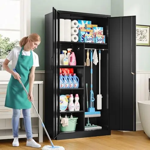 Wide & Deep Metal Storage Cabinet with Hanging Rod,Black Broom Closet Storage Cabinet with Lock,72