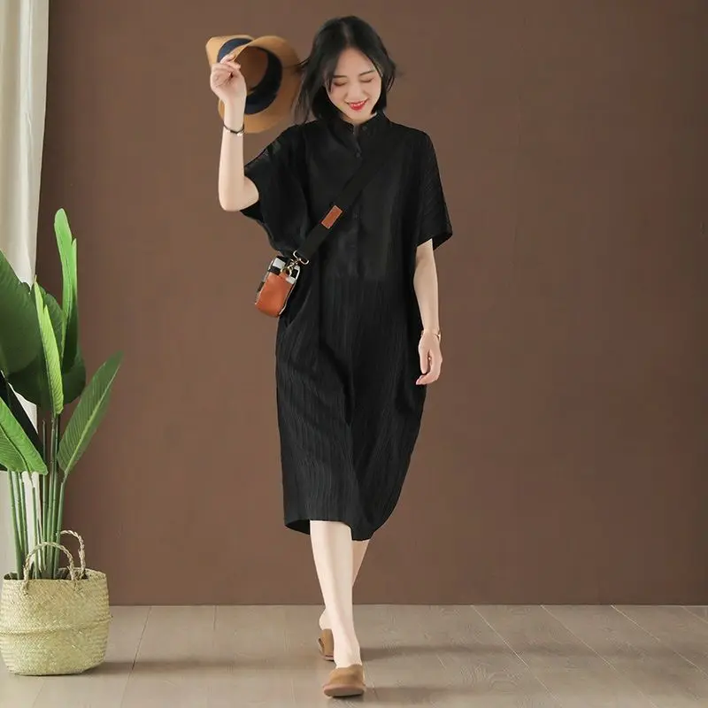 

2024 New Women's Summer Single-breasted Long Dress Female Short Sleeve Loose Dresses Ladies Stand Collar Casual Vestidos X11