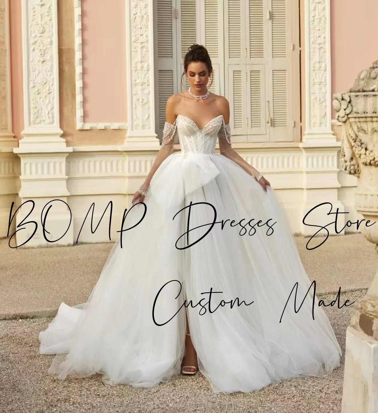 BOMP Luxury Pearls Wedding Dress Off Shoulder Pleat A-Line Sweep Train Ivory Tulle Bridal Gown Customized Elegant Robe de mariée