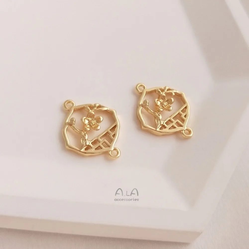 1Pcs Copper Charms 14K Gold Color Plum Blossom Window Pendant Double Hanging Connector Handmade DIY Antique Earrings Hairpin