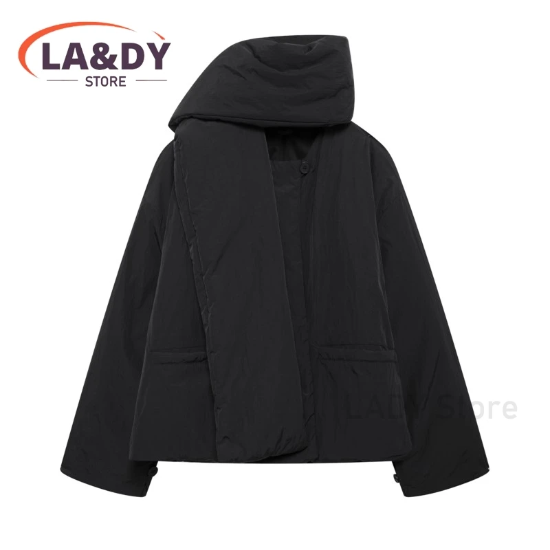 Parkas Coat 2024 Winter Women Fashion Loose Bring Scarf Buttons Female Solid Color Casual Long Sleeve Pockets Tops Outerwears