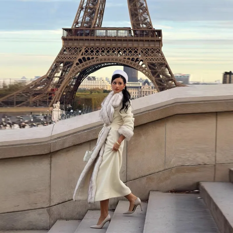 

Women's Spring Winter Tops Coats Jackets Long-length Wool Coats Faux Fur Patchwork Retro Slimming Fur Collar Tie-front New Fit