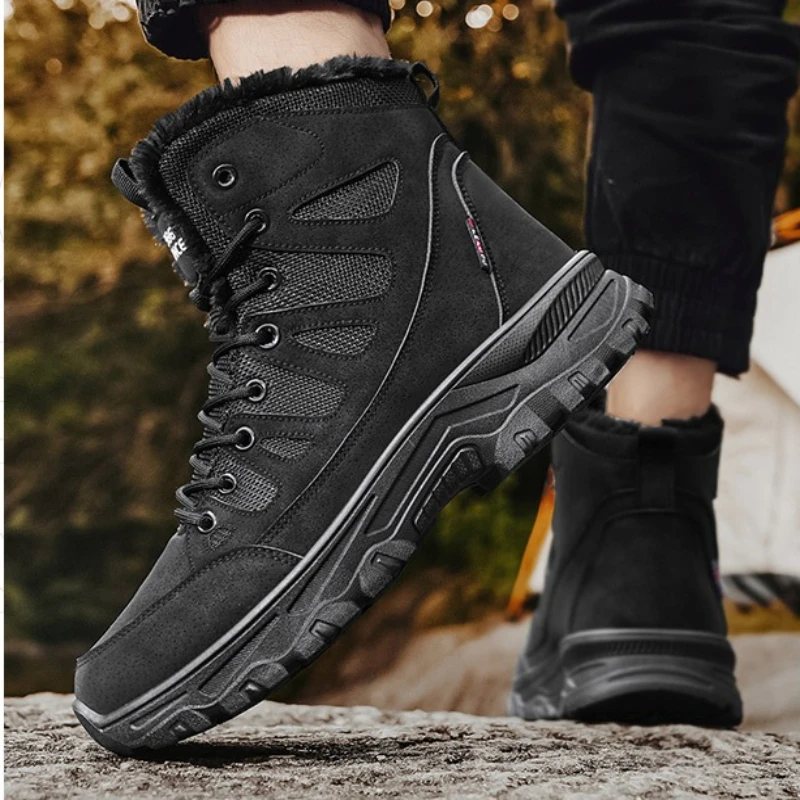 

Winter Round Toe Mid-top Outdoor Breathable Solid Color Workwear Versatile Casual Shoes with Cotton Added Trendy Men's Shoes