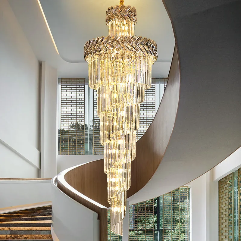 Chandelier in the Hall Living Room Top Long Smoky Gray Crystal Lamps Gold Staircase Lighting Illuminator