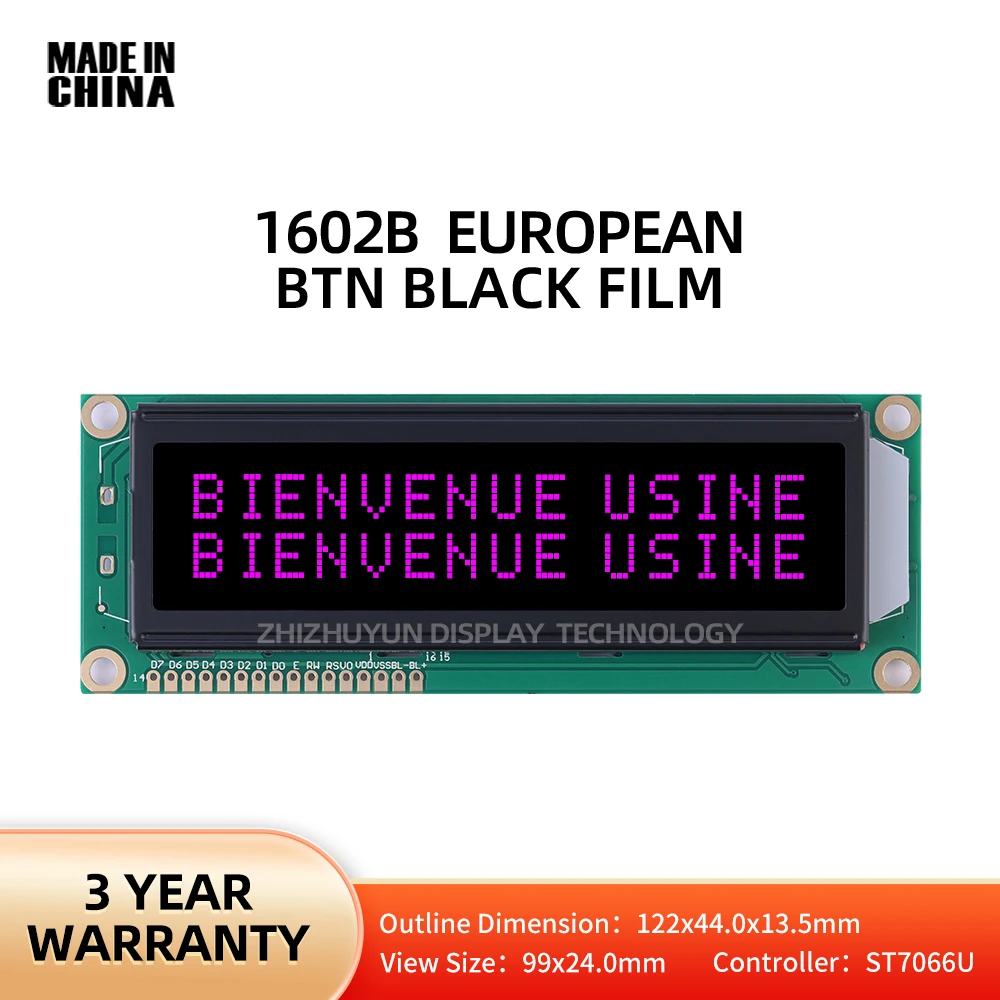 1602B European Display Module BTN Black Film Purple Font Multilingual Module Large-Sized Module 122*44*13.5Mm