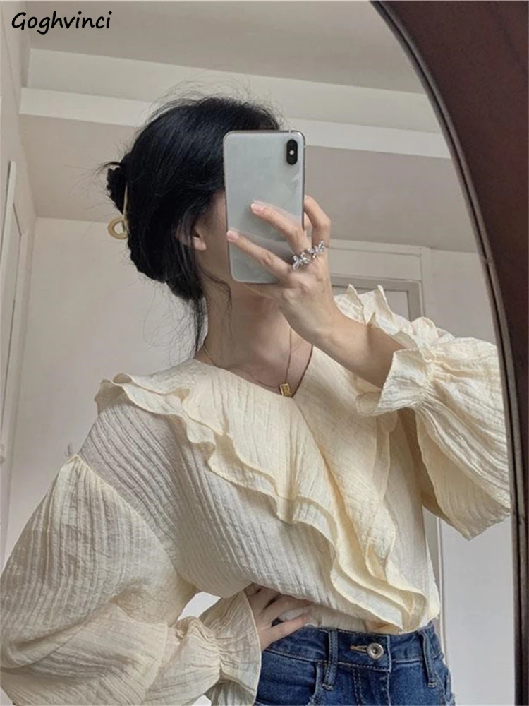 

Блузка с расклешенными рукавами, женская блузка с оборками на шнуровке, мешковатая однотонная весенняя дышащая универсальная милая женская простая повседневная блузка в корейском стиле