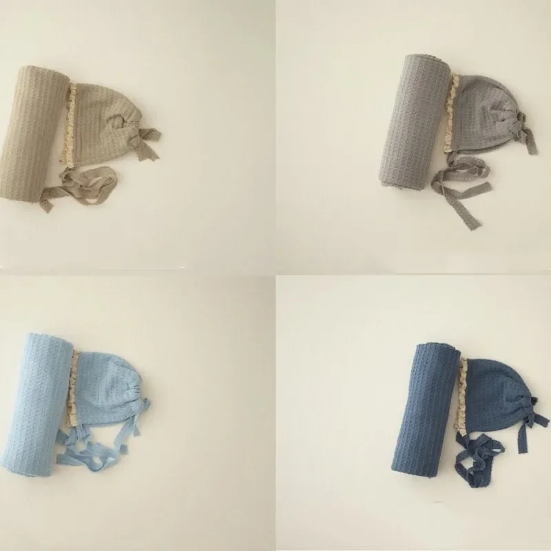 Gorro tejido para bebé, gorro de encaje para niño y niña + manta envolvente elástica, accesorios de fotografía recién nacido, manta para sesión de fotos