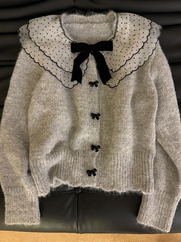 

Sweet Kawaii Sweaters Woman Gray Bow Coquette Babydoll Top Knitted Cardigans Elegant Korean Style Autumn Winter Sweater