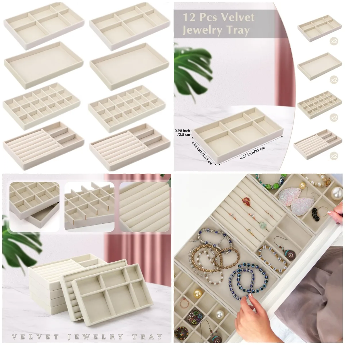 

8-шт. Бархатные подносы для ювелирных изделий, штабелируемые органайзеры для серег, колец, ожерелий - бежевый