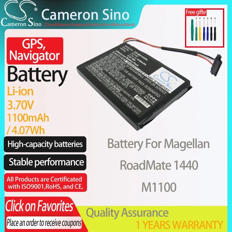 CameronSino Battery for Magellan RoadMate 1440 fits Magellan M1100 GPS,Navigator battery 1100mAh/4.07Wh 3.70V Li-ion Black